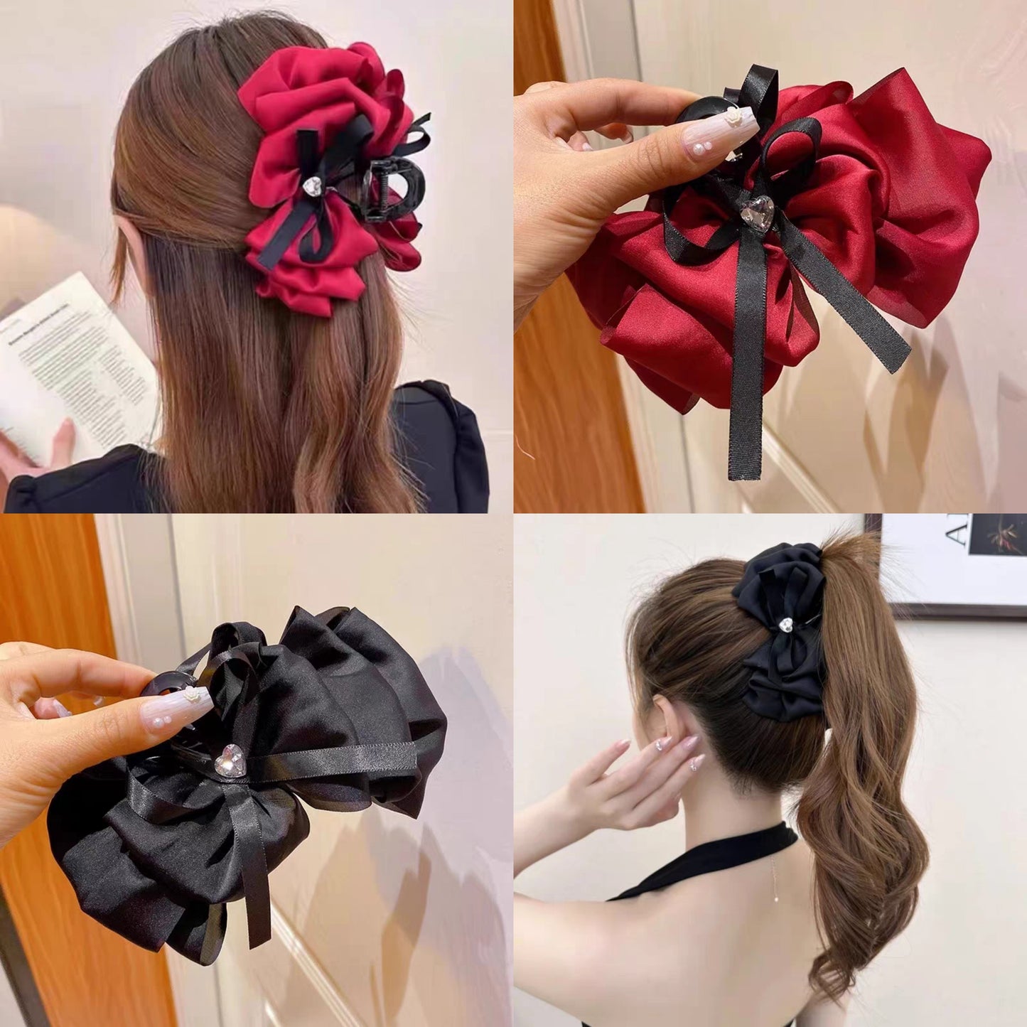 12 moños con pinzas rojo y negro